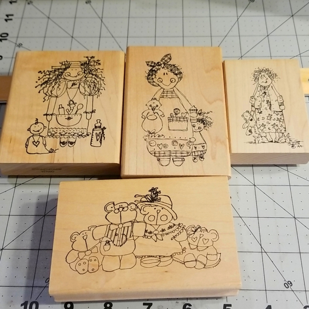 Pen drawing rubber stamps. Dr. Mom. Loving Mom. Frazzled Mom. Bear family of 4.